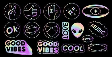 Holographic sticker labels signs icons Y2K Retro style with hologram effect set.Hologram text quote label.Iridescent icons with hand gestures,ok,cool,super,love, heart, good vibes,party message. vector