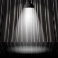 Stage with black curtains and one spotlight shining on glossy floor. Spotlight on dark stage 3d illustration. Realistic spot light shines from lamp on stage background. illustration vector
