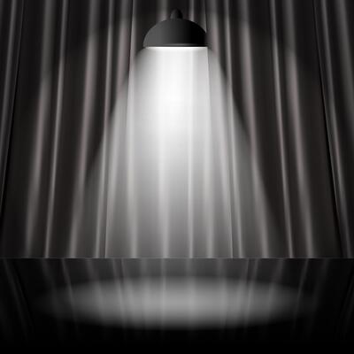 Stage with black curtains and one spotlight shining on glossy floor. Spotlight on dark stage 3d illustration. Realistic spot light shines from lamp on stage background. illustration