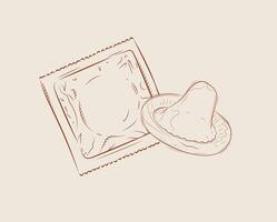 Condom packed and unpacked composition drawing on beige background vector