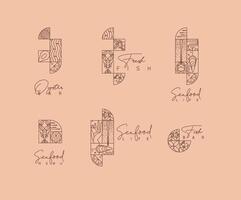 Set of creative modern art deco seafood labels in flat line style drawing on beige background. vector