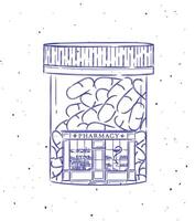 Pill box a storefront of pharmacy drawing in vintage style on white background vector