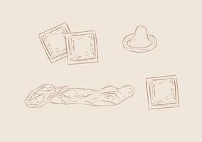 Packed and unpacked condoms set drawing on beige background vector