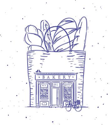 Bag with baguettes a storefront of bakery drawing in vintage style on white background