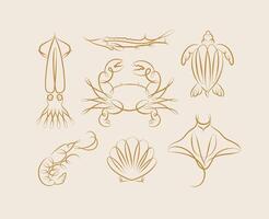 Filigree swirl sea and ocean creatures squid, fish, crab, turtle, shrimp, stingray, shell, scallop drawing on beige background vector
