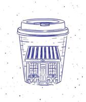 Cup to go a storefront of cafe drawing in vintage style on white background vector
