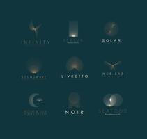 Geometric abstract labels with text and thin lines drawing on dark turquoise background vector