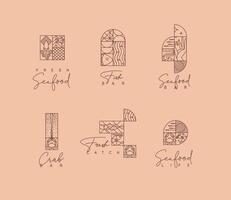 Set of creative modern art deco seafood symbols in flat line style drawing on beige background. vector