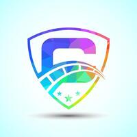 Low poly alphabet C with speedometer and shield sign. The automotive logo design concept vector