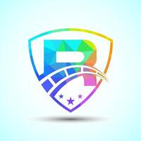 Low poly alphabet R with speedometer and shield sign. The automotive logo design concept vector