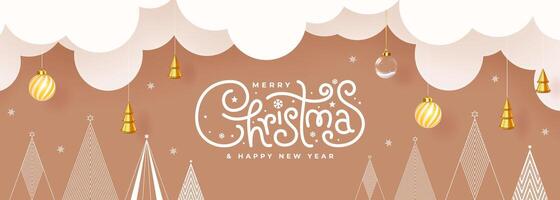Christmas greeting card in paper cut style featuring clouds, trees, and decorations on a brown background with Merry Christmas and Happy New Year text. vector