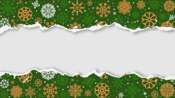 Green Christmas background with torn paper edges and snowflakes. Ripped paper design with space for your text or image. vector