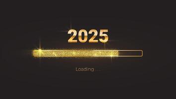 Progress bar with golden particles on black Download New Year's Eve. Loading animation screen with Glitter confetti shows almost reaching 2025. vector