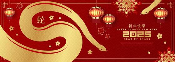Chinese New Year 2025, celebrating the Year of the Snake. Features a gold snake paired with traditional Chinese motif. Chinese translation Happy chinese new year 2025, year of snake. vector
