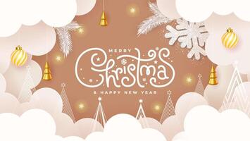 Christmas greeting card in paper cut style featuring clouds, trees, and decorations on a brown background with Merry Christmas and Happy New Year text. vector