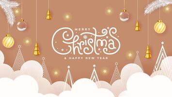Christmas greeting card in paper cut style featuring clouds, trees, and decorations on a brown background with Merry Christmas and Happy New Year text. vector