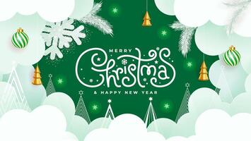 Christmas greeting card in paper cut style featuring clouds, trees, and decorations on a green background. vector