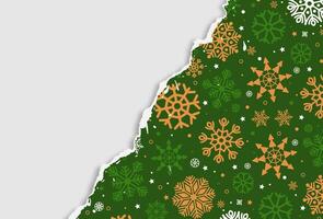 Green Christmas background with torn paper edges and snowflakes. Ripped paper design with space for your text or image. vector