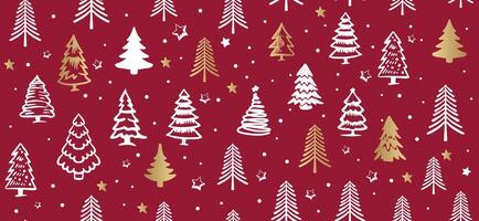 Christmas tree pattern on red background, Hand drawn illustrations. vector