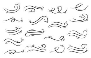 Hand drawn doodle wind motion set featuring swirls, air blow, and smoke flow elements. Abstract, sketch style lines perfect for illustrating movement or airflow. Isolated for versatile use. vector