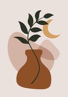 Simple minimalist illustration of a plant in a vase with abstract shapes and a crescent moon. Earthy tones and modern aesthetic. Perfect for wall art, home decor, and design projects. vector