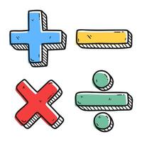 A fun and colorful hand drawn doodle set of math symbols addition, subtraction, multiplication, and division. Perfect for educational materials, posters, or playful designs. vector