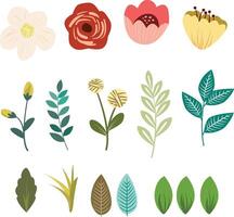 Collection of flowers with leaves, wreaths. Spring art print with botanical elements. Isolated on white background. vector