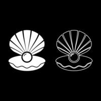 Pearl in seashell shell with pearlized inside open set icon white color illustration image solid fill outline contour line thin flat style vector