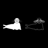 Seal lying set icon white color illustration image solid fill outline contour line thin flat style vector