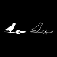 Bird on branch with leaves silhouette spring concept set icon white color illustration image solid fill outline contour line thin flat style vector