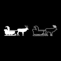 Santa Claus in a reindeer wagon chariot with sled set icon white color illustration image solid fill outline contour line thin flat style vector