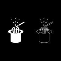 Hare ears in wizard's hat magic wand wizard conjure cylinder bunny rabbit appearing trick concept set icon white color illustration image solid fill outline contour line thin flat style vector