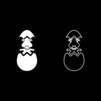 Dinosaur cute dino baby pretty hatch from egg cracked eggshell set icon white color illustration image solid fill outline contour line thin flat style vector