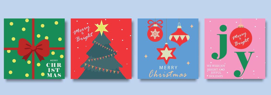 Set Merry Christmas and Happy New Year greeting card. Modern Xmas design with typography and beautiful geometric design, Christmas tree, balls and gifts. Minimal banner, poster, cover templates.