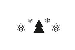 Minimalist black and white design featuring a simple triangular Christmas tree at the center, surrounded by symmetrical snowflakes vector