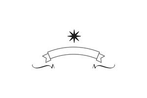 Simple illustration of a blank banner with a star above and swirl ornaments below, in black on white. vector