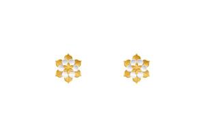 Two identical, stylized floral motifs with gold and white petals, symmetrically aligned against a plain white background. vector