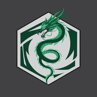 A green dragon is in the center of a hexagon vector