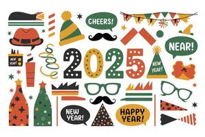 New year's party decorations with hats, glasses, and other items vector