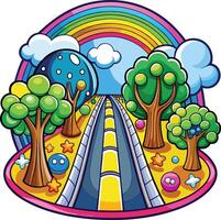 A cartoon road with trees and a rainbow vector