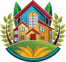 A house with trees and leaves on it vector
