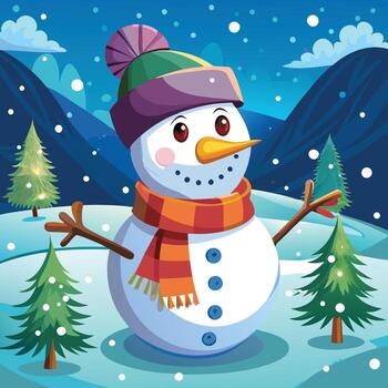 un dibujos animados monigote de nieve en un invierno paisaje vector