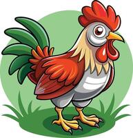 Cartoon rooster standing on grass vector