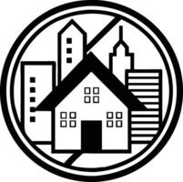 A black and white image of a house with a city skyline in the background vector