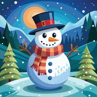 A cartoon snowman in a hat and scarf standing in front of a snowy mountain vector