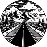A black and white image of a road with mountains in the background vector