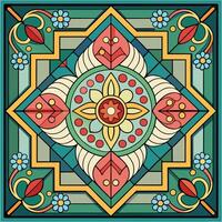 A colorful stained glass design with a floral pattern vector