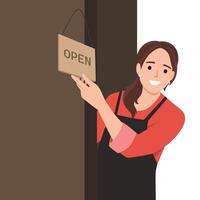 Cheerful small business owner standing welcoming with we are open written on a board. vector