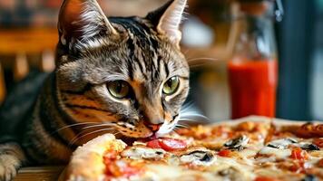 A cat sitting at a table with a pizza on it video