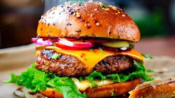 uma Hamburger com alface, tomate, cebola, e queijo em uma pão video